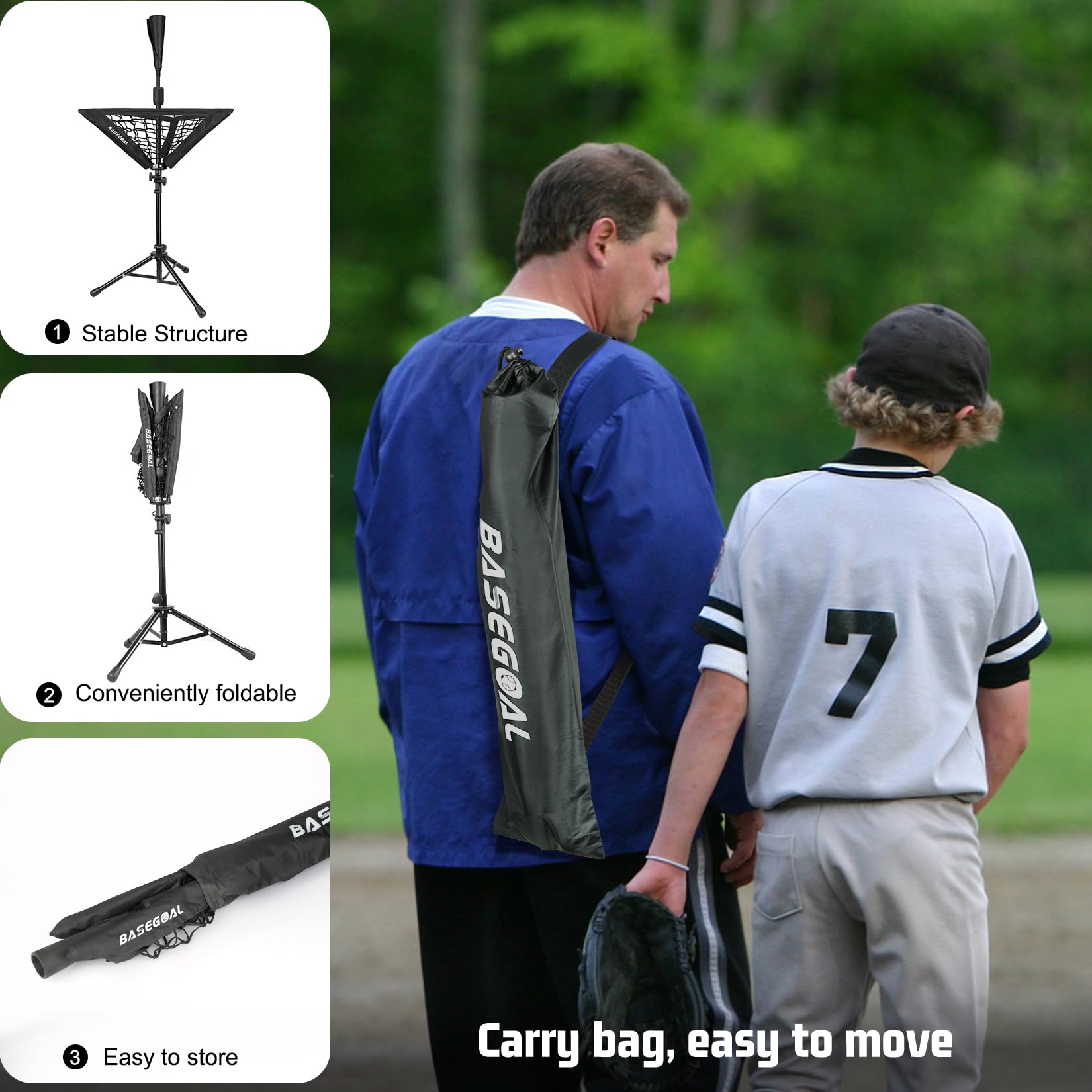 BaseGoal Batting Tee Baseball-T-Shirt, Softball-Reise-T-Shirt, tragbar, Stativ, Gummi-Tee für Schlagtraining, Übungen, mit Baseball-Caddy und Tragetasche