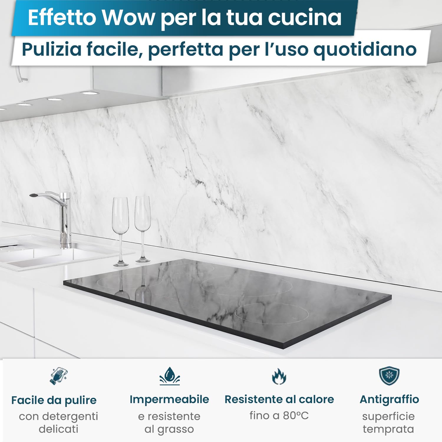 danario Rivestimento Paraschizzi Cucina Adesivo da Parete I Effetto Opaco I Spesso e Rigido I Ignifugo e Resistente all'Acqua I 0,40 mm I Marmo Bianco – 60 cm x 400 cm