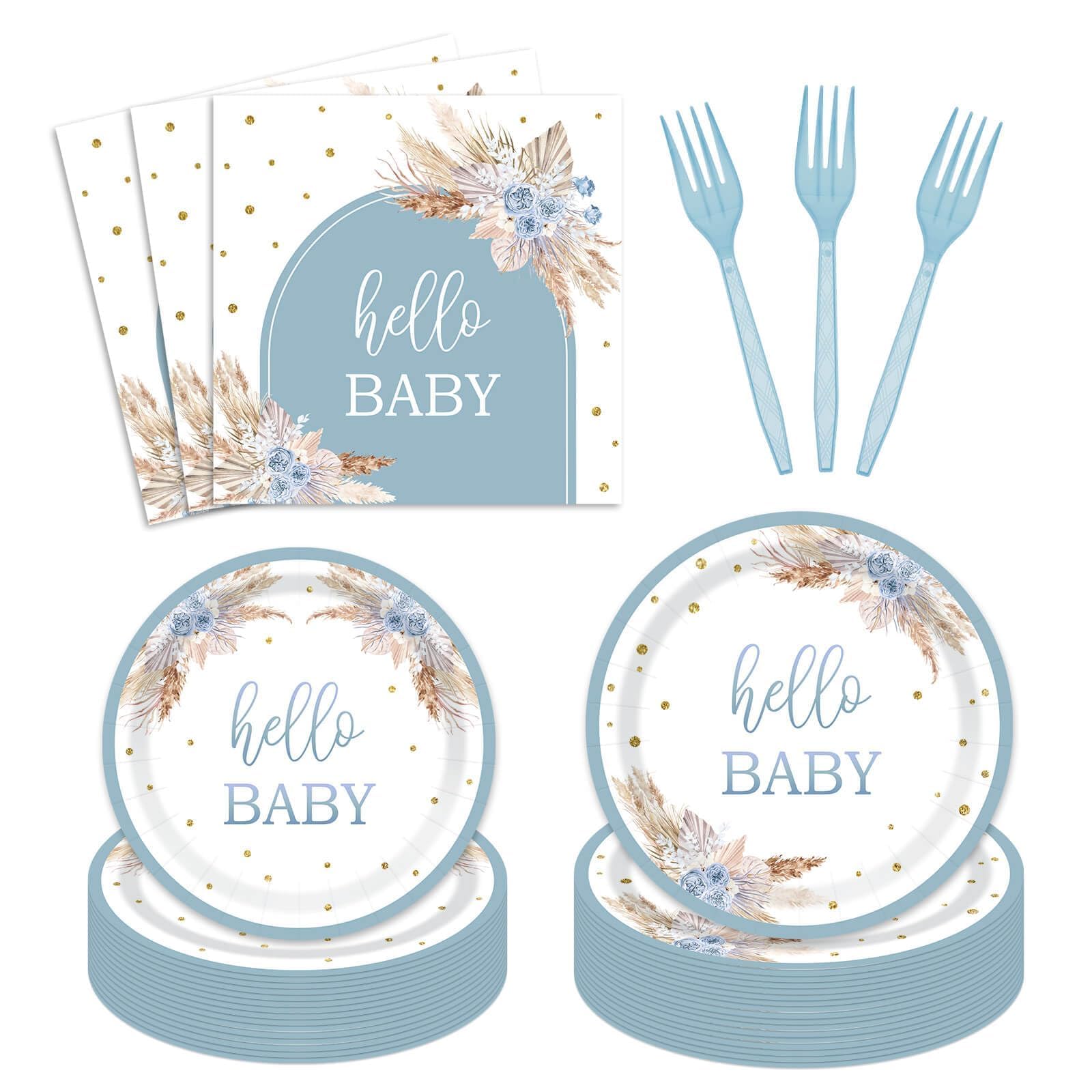 96 Pieces Dusty Blue Baby Shower Tableware Set Party Supplies - Pampas Grass Boho Blue Oh Baby Disposable Dinnerware with Paper Plates Napkins Forks