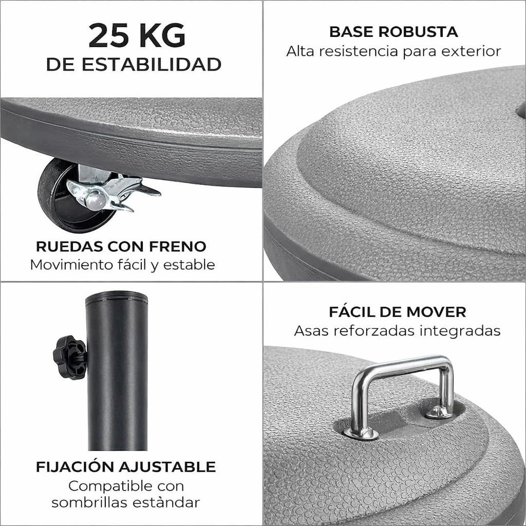 Acomoda Textil – Base de Sombrilla Ajustable, Estable y Resistente para Terraza, Jardín y Patio. Pie de Sombrilla con Adaptador Manejable para Parasol. (25 kg)