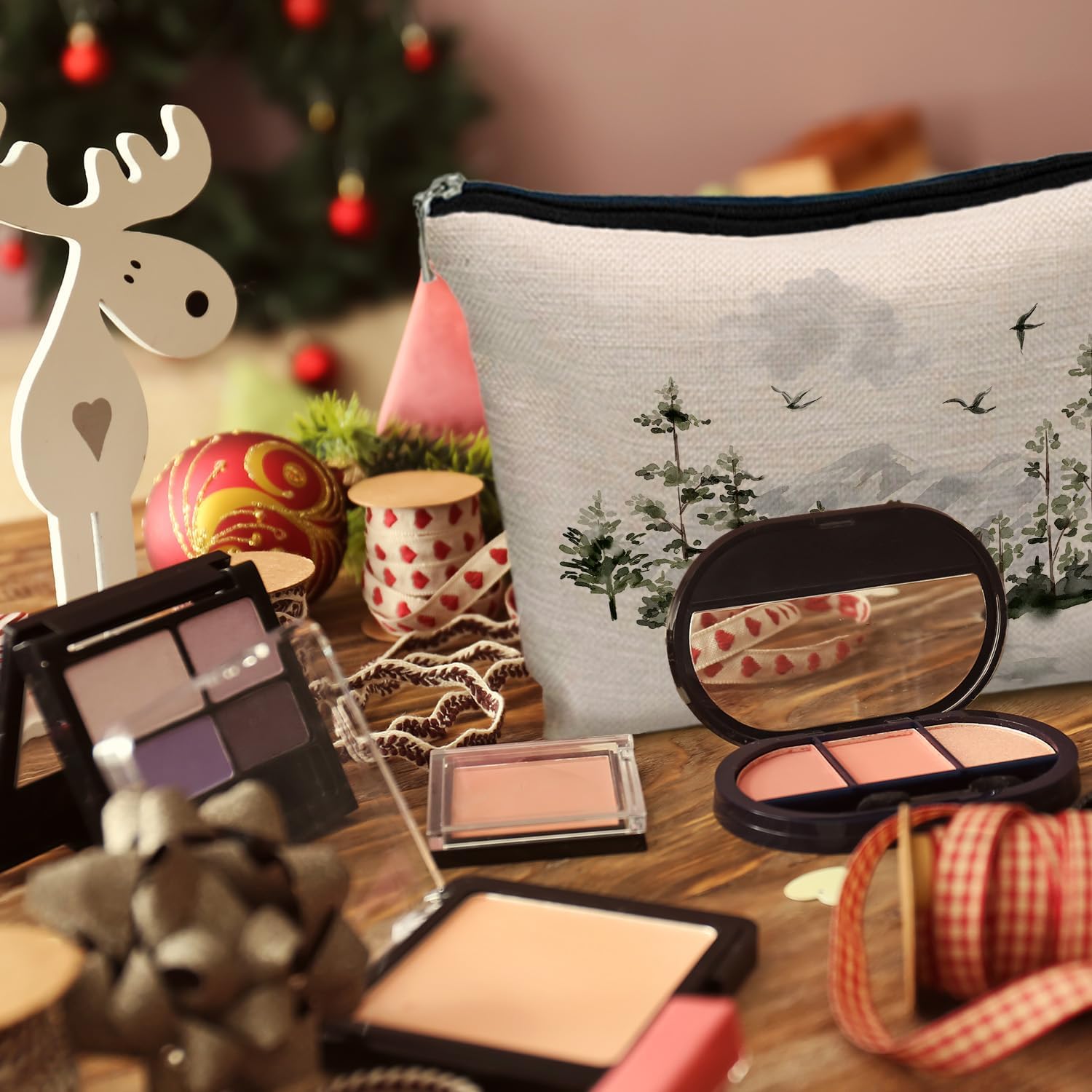 Rustic Forest Deer Makeup Bag for Purse, Mountain Landscape Tree Deer Cosmetic Bag Travel Toiletry Bag for Women, Watercolor Nature Scene Forest Animal Zipper Makeup Pouch image 5