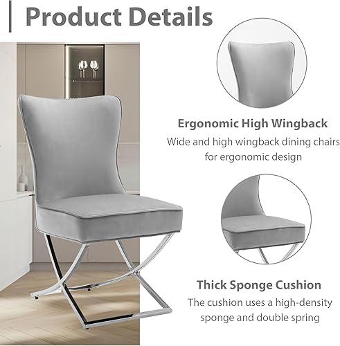 Miniatura 4 de FOREDO Juego de 2 sillas de comedor modernas de terciopelo con patas de acero inoxidable cómodas sillas de comedor tapizadas reales con botones en