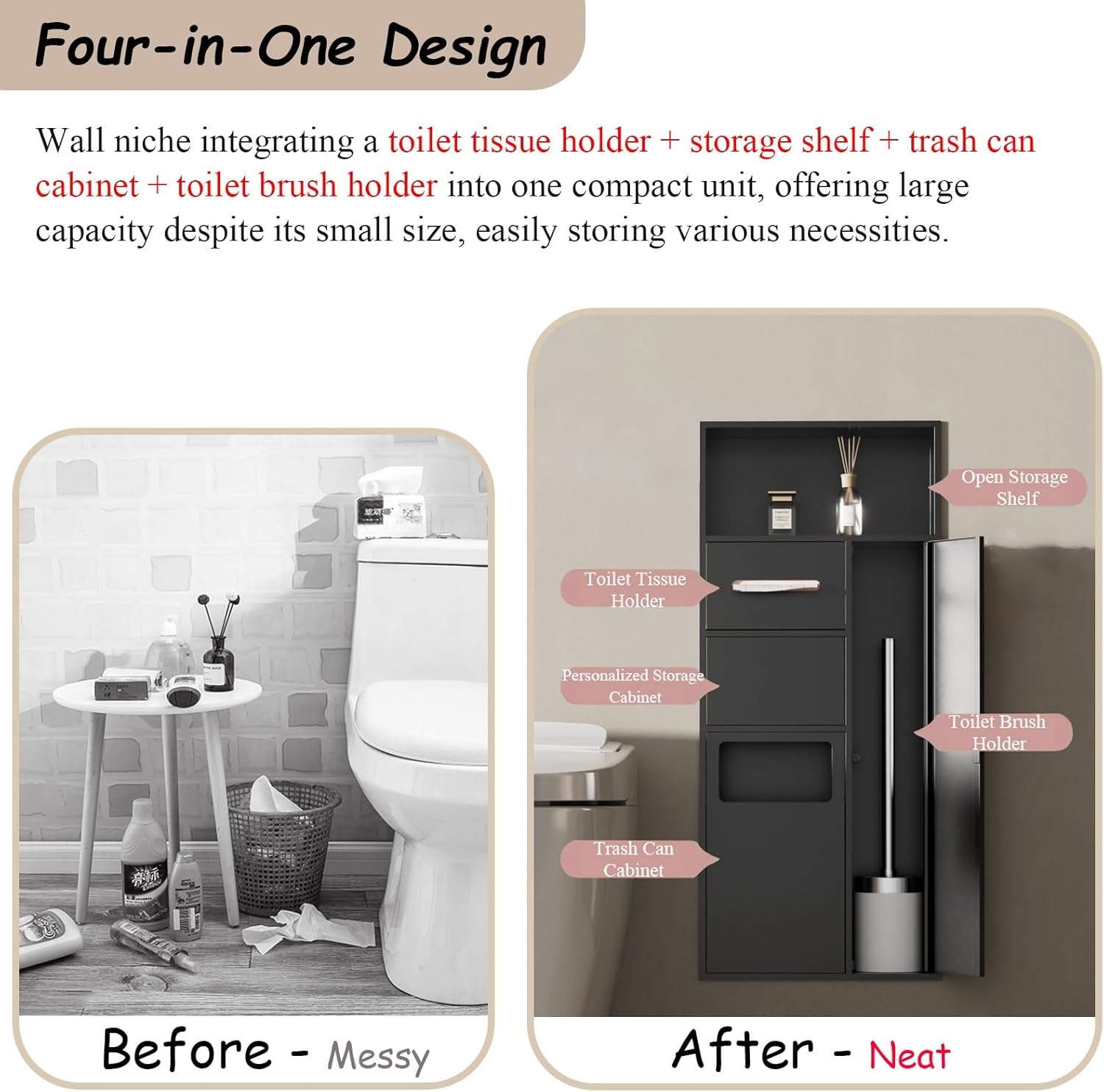 Lar for Shower Wall, Toilet Paper + Open & Private STO Shelf + Trash Bin + Toilet Brush Holder, Embedded Shower s(Black)