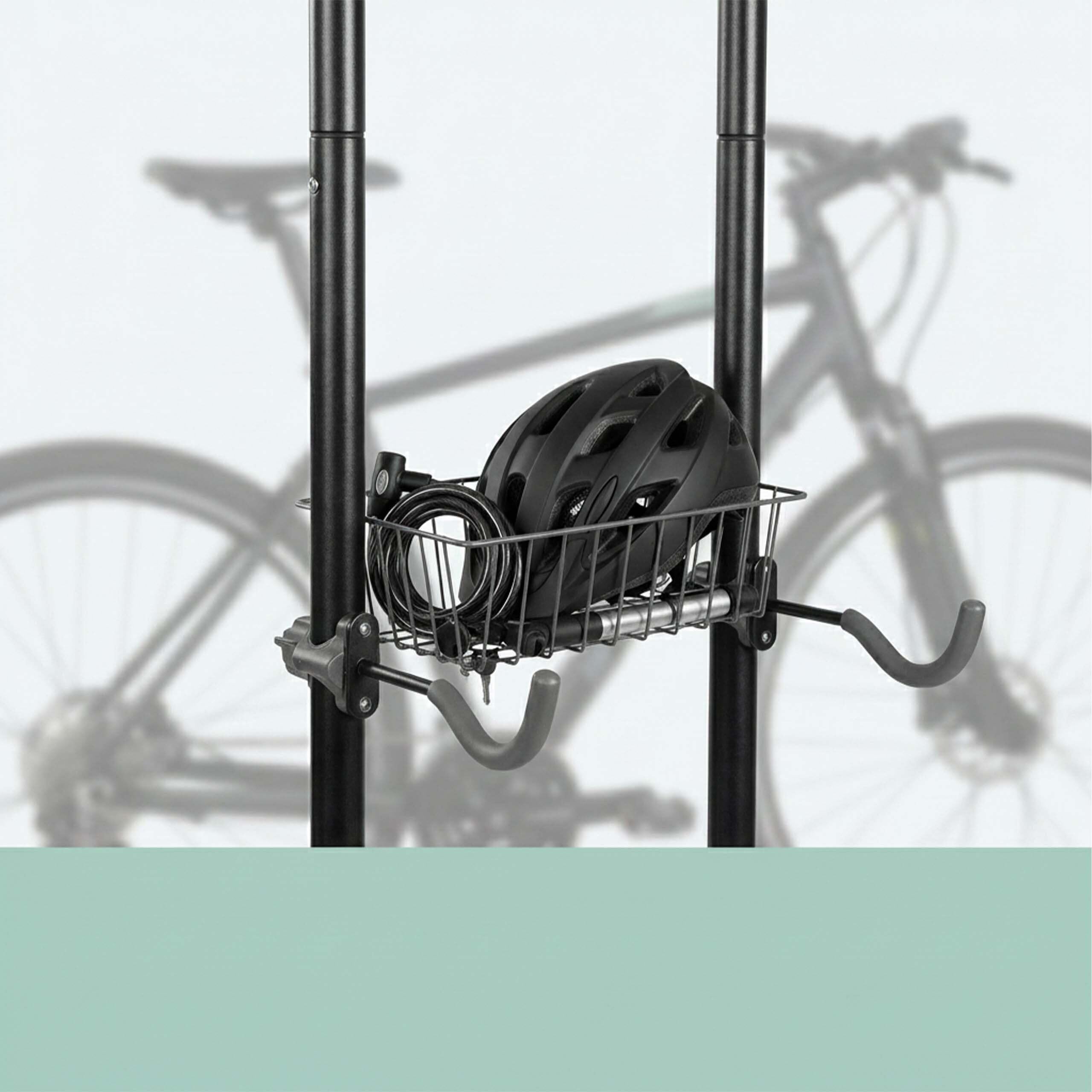 Relaxdays support pour 2 vélos, MBT, vélo de course, VAE, noir | modèle autonome, panier, H x l x P : 210 x 75 x 61 cm, support pour roues
