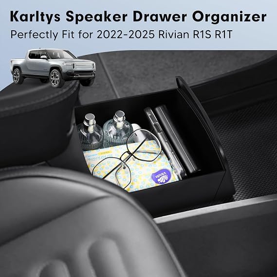 Karltys Camp Speaker Drawer Organizer for Rivian R1S R1T 2022-2025 2026, Center Console Organizer Compatible with Rivian R1S Accessories, TPE Anti-Slip Rubber Mat, Push to Open(No lockable)