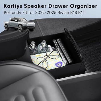 Karltys Camp Speaker Drawer Organizer for Rivian R1S R1T 2022-2025 2026, Center Console Organizer Compatible with Rivian R1S Accessories, TPE Anti-Slip Rubber Mat, Push to Open(No lockable)