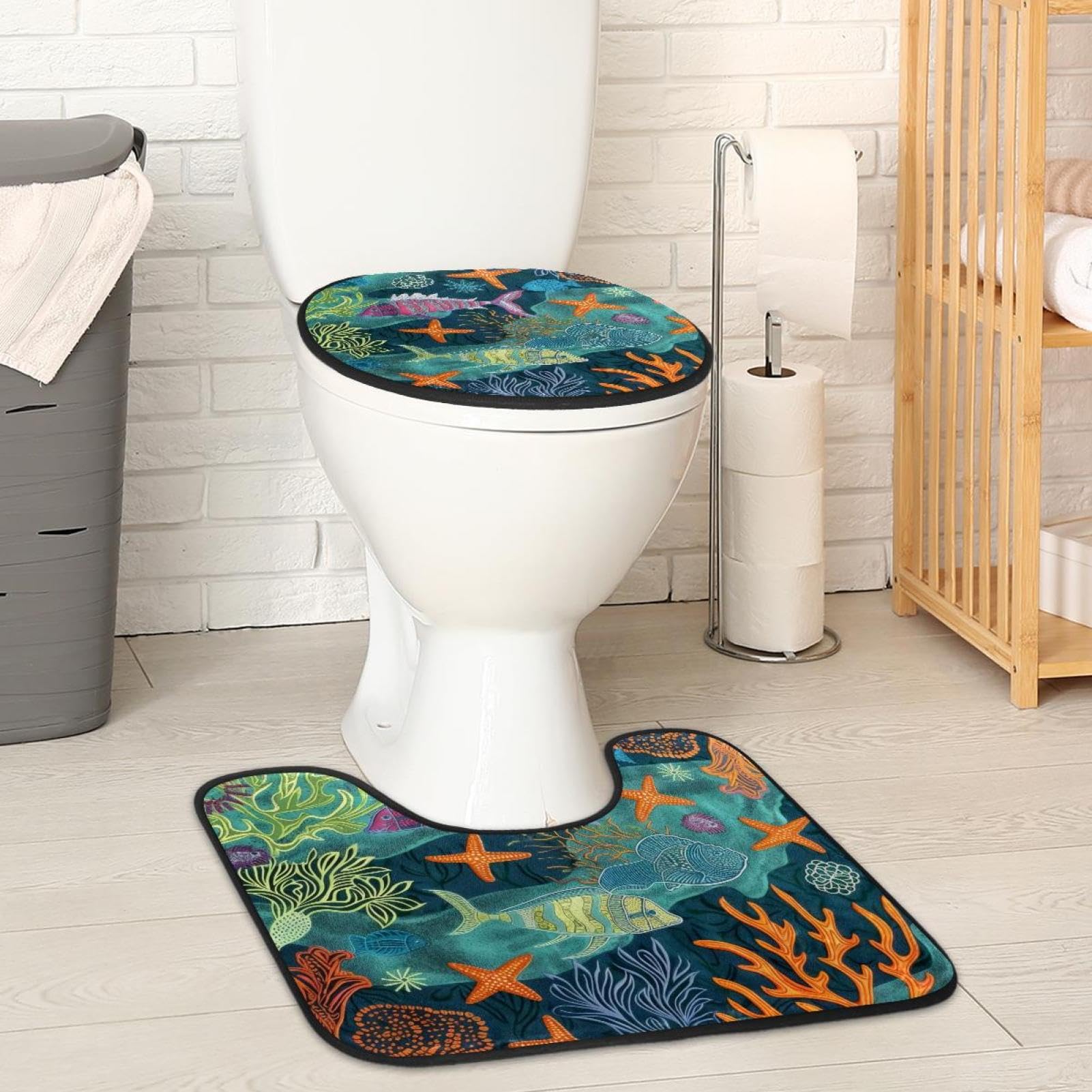 MUOOUM Toilet Lid Cover and U-Shaped Toilet Floor Mat Set of 2 Pieces, Fish Coral Starfish Sea Pattern Toilet Mat Set, Machine Washable Seat Covers Non-Slip Absorbent Rugs