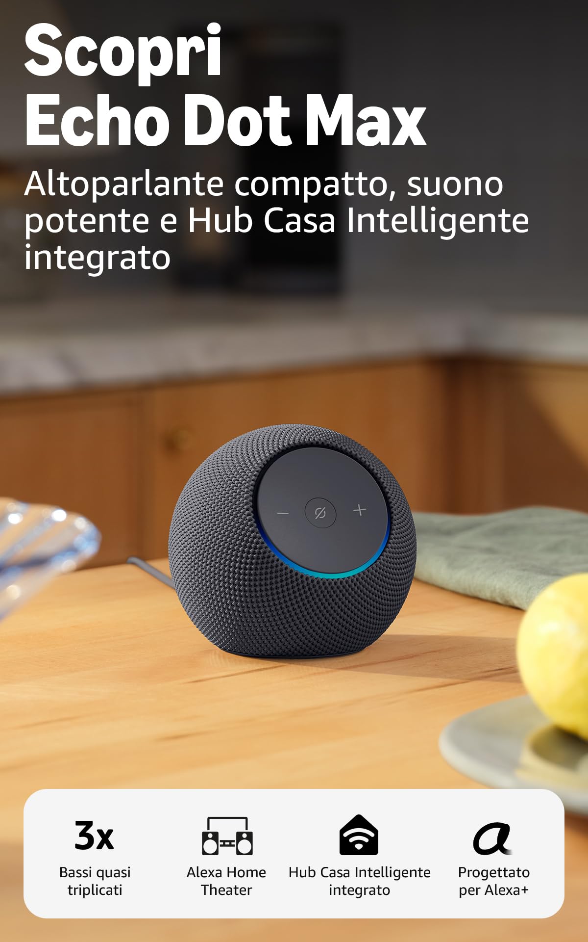 Amazon Echo Dot Max (ultimo modello) - Altoparlante Alexa con audio avvolgente, Hub Casa Intelligente integrato, Grafite, con Accesso Anticipato ad Alexa+