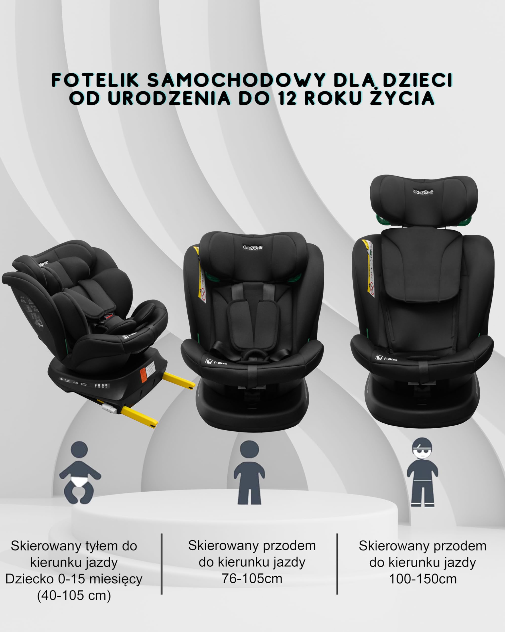 KidsZone Fotelik dziecięcy 9-36 kg, i-Size 40-150 cm – fotelik samochodowy z ISOFIX, obracany o 360°, RWF i FWF, 5-punktowe pasy, regulacja wysokości, pianka Memory Foam – fotelik samochodowy dla