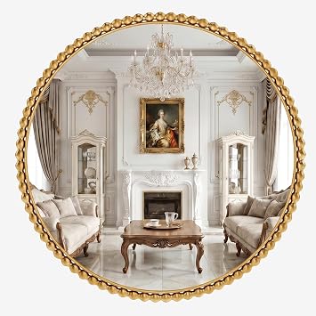 Beaded Gold Round Mirror, 31.5" Circle Mirrors for Wall Decor with Metal Frame Large Gold Vanity Mirrors for Living Room Bedroom Bathroom Entryway Hallway Nursery