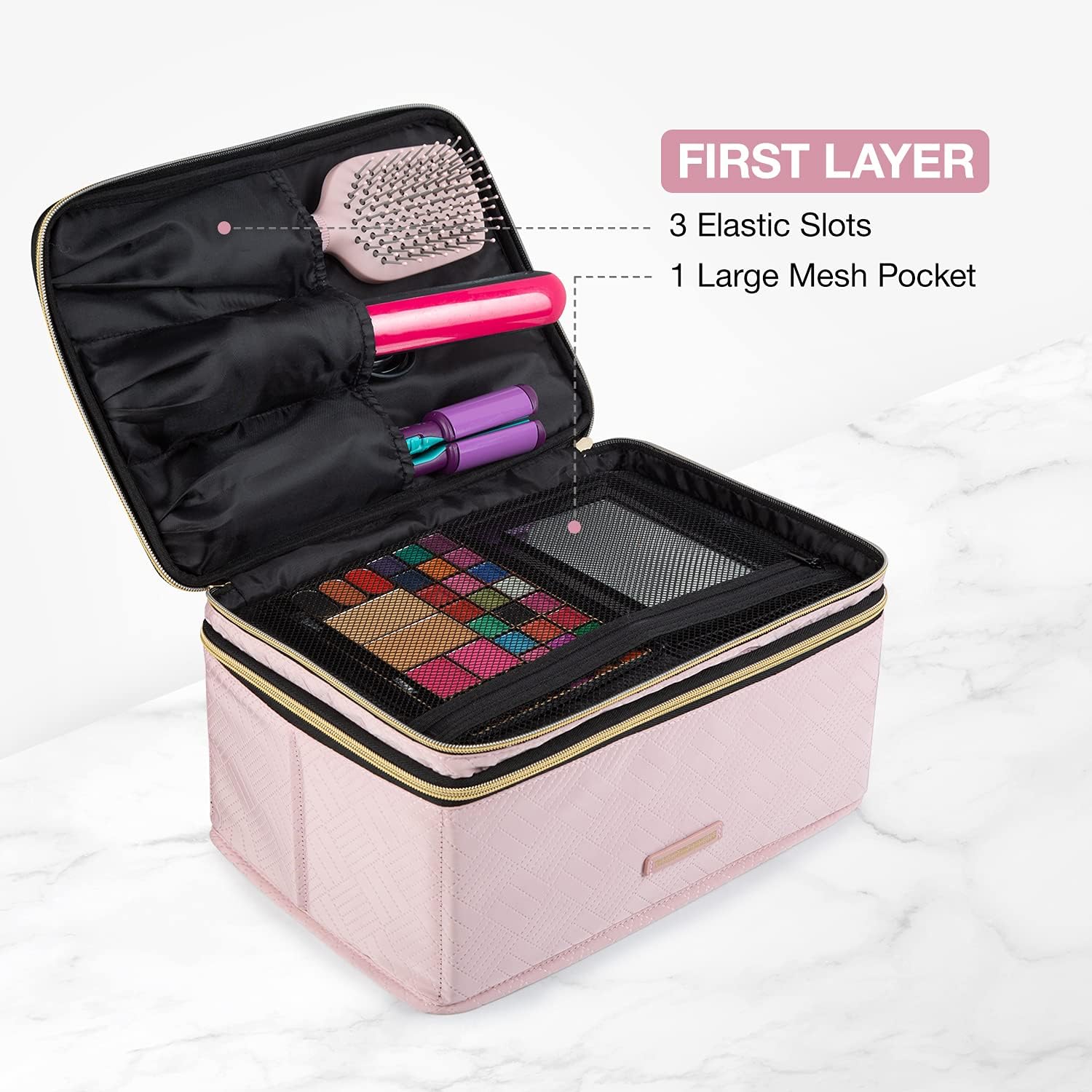 LIGHT FLIGHT Large Makeup Case, Travel Makeup Bag Cosmetic Case Organizer Portable Storage Bag with Adjustable Dividers for Cosmetics Makeup Brushes Toiletry Digital Accessories (Large, Pink)