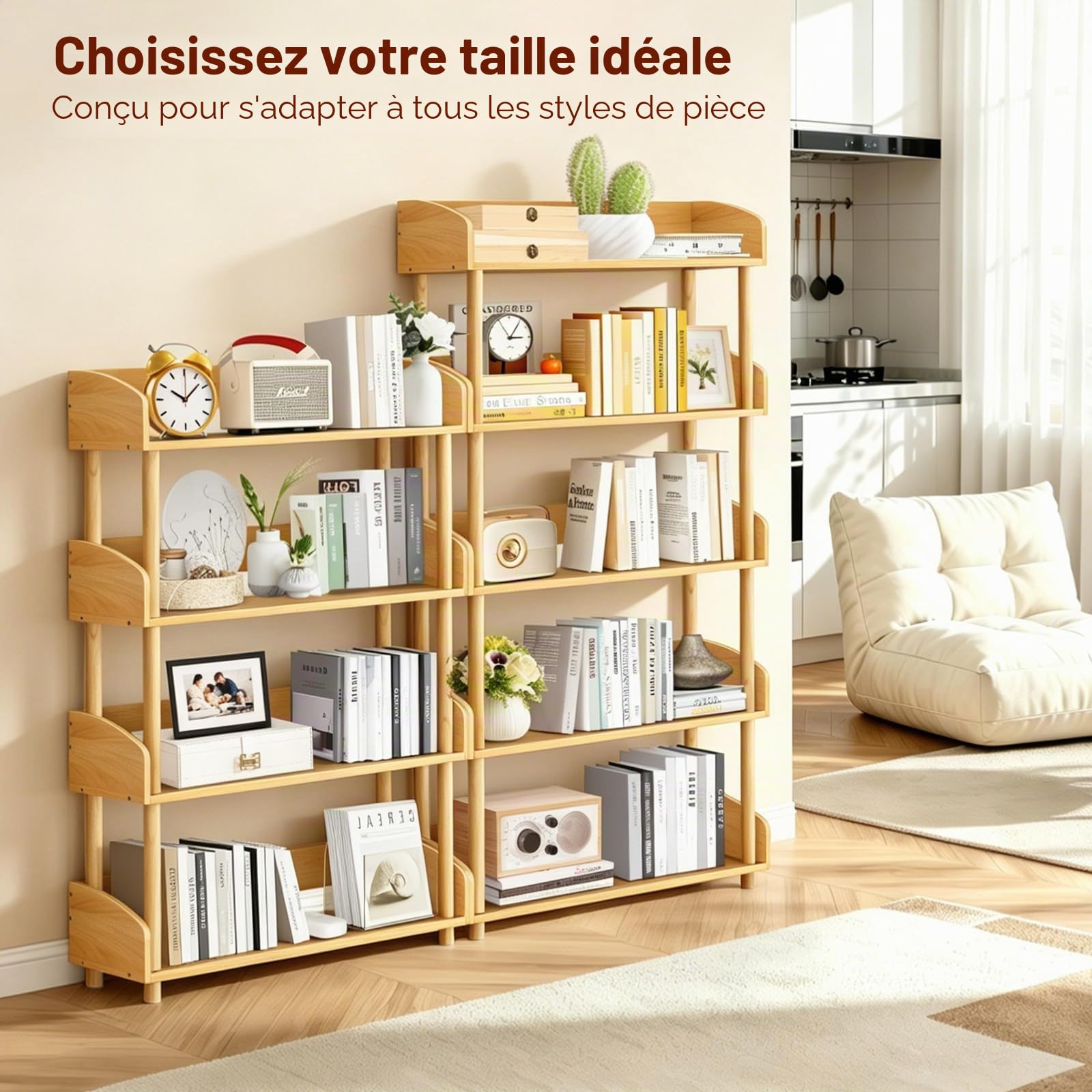 Étagère Bibliothèque 4 Niveaux, Étagère Ouverte Verticale, Meuble de Rangement Autoportant en Bois Massif pour Salon, Chambre et Chambre d’Enfant, Bois Naturel