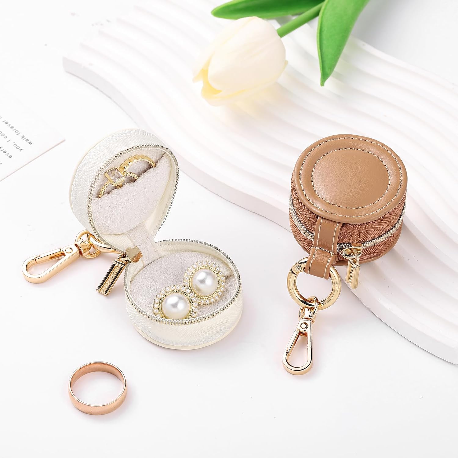2 Pcs Portable Jewelry Ring Holder Boxs with Keychain, Small Jewelry Travel Sports Ring Keeper Case Earring Stud Necklace Storage Organizer Case (White+Khaki)