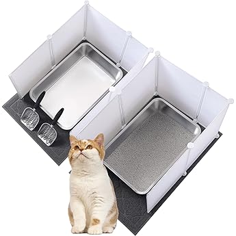 Pinkunn 2 Set Stainless Steel Cats Litter Box Large Metal Litter Box with 2 Cat Litter Scoop, 12 Litter Splash Shield and 2 Cat Litter Mat, Never Absorbs Odor (Cream White, 23.6 x 15.7 x 5.9 Inch)