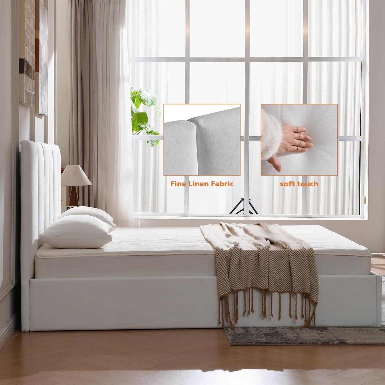 VELOCAVA King Size Upholstered Lift-Up Storage Bed, White Linen-Look Fabric Platform Bed with Vertical Panel Headboard, Hydraulic Lift Storage, Wooden Slat Support, No Box Spring Needed