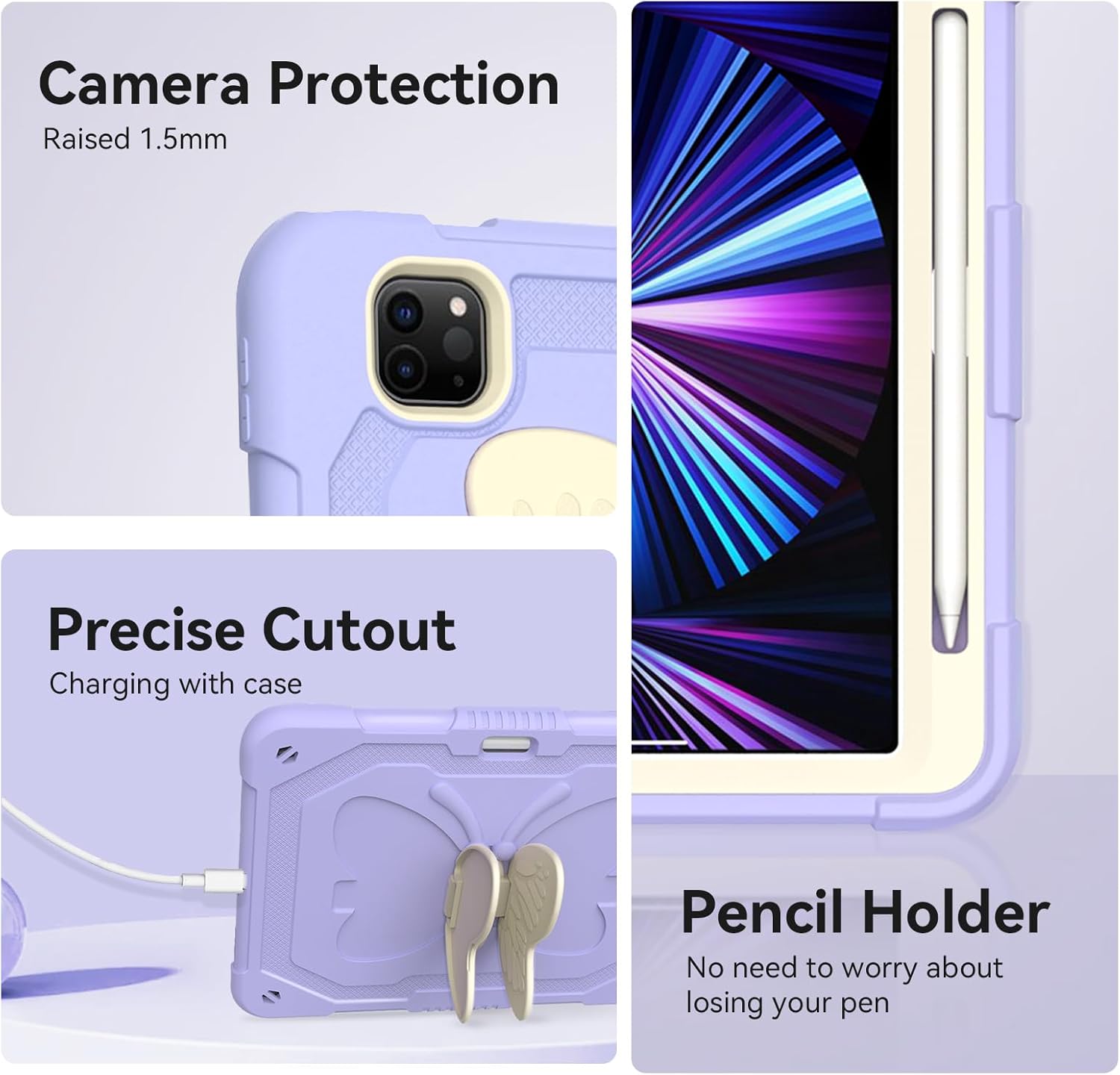 ACEMO for iPad Air 5th Generation Case iPad Pro 11 inch Case 4th 3rd for Kids Girls with Screen Protector, Butterfly Kickstand, Shoulder Strap, Pencil Holder Cover for iPad Air 4th Gen 10.9'' Purple