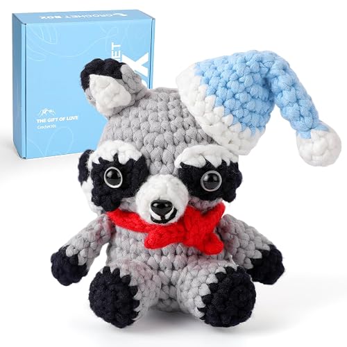 CrochetBox Crochet Kit for Beginners Adults - Raccoon Starters Crochet Kit, Beginners Crocheting Kitting for Adults Teen, Craft Gifts with Crochets Yarns, Hook, Step-by-Step Video, Instruction