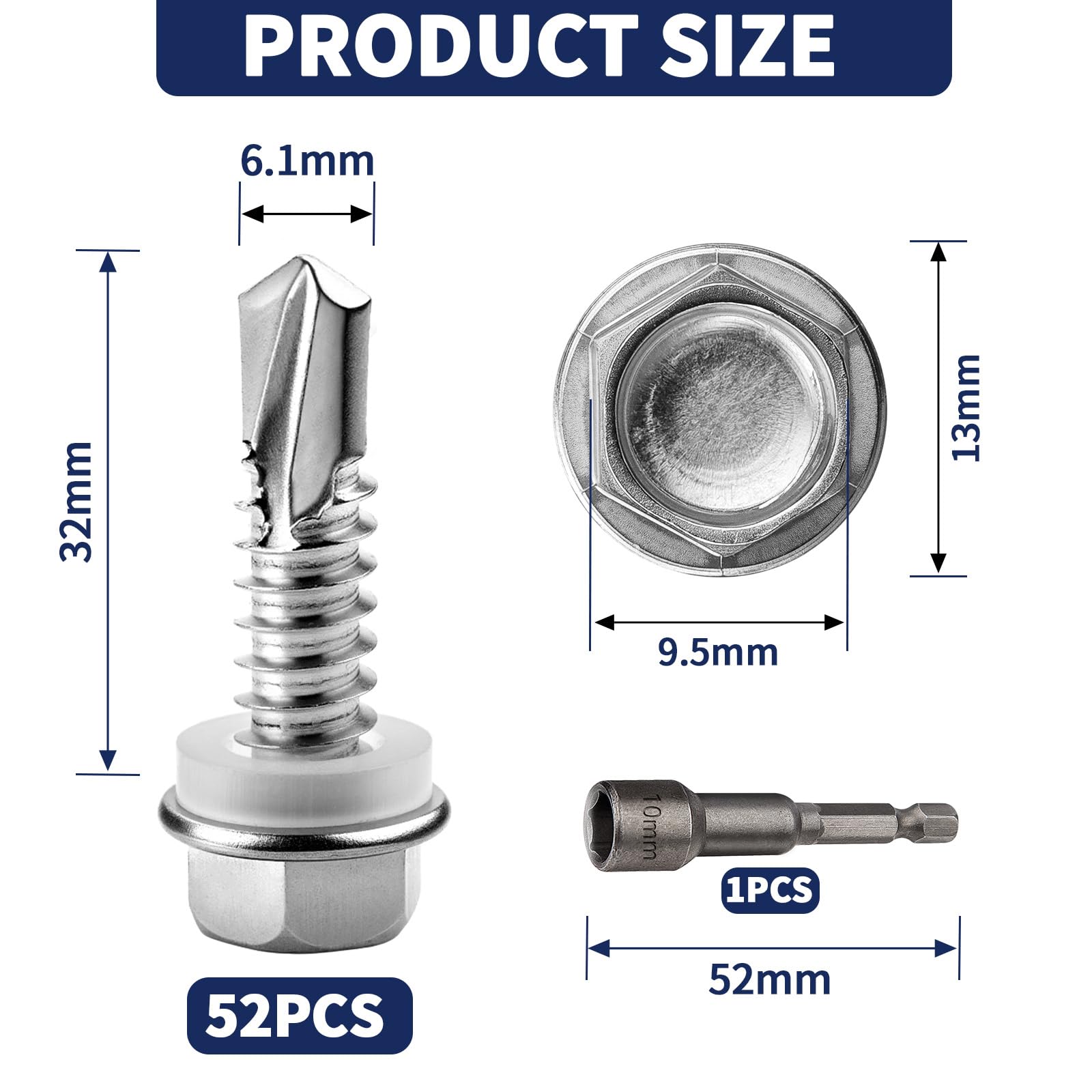 52 PCS Self Tapping Screws Metal M6.3X32MM Hex Head Self Drilling Screws 410 Stainless Steel Tech Screws for Metal Self Tapping Bolts for Ventilation Pipes Corrugated Roofing Windows with Hex Socket - Image 2