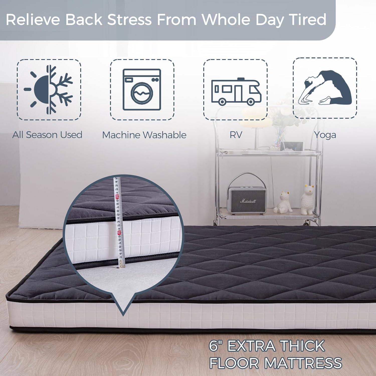 MAXYOYO 6" Extra Thick Futon Mattress Floor Mattress, Twin Size Diamond Pattern Japanese Tatami Pad Roll Up Mat for Adults, Guest, Black