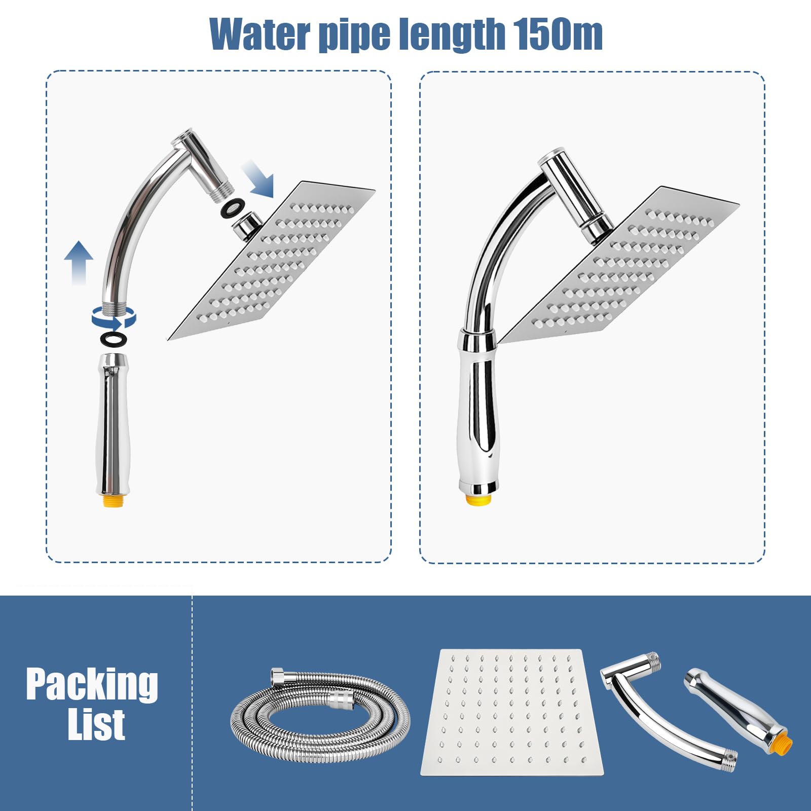 Grande soffione doccia quadrato a pioggia, 20,3 cm, in acciaio inox, con kit di staffe e tubo, soffione doccia a cascata per un'esperienza doccia lussureggiante, facile installazione (argento)