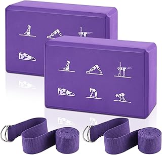 2 Yoga Block and 2 Yoga Strap Set,Non-slip EVA Foam Blocks, High Density Yoga Bricks with 6ft Strap, Supportive Latex-Free Yoga Block Accessories for Pilates