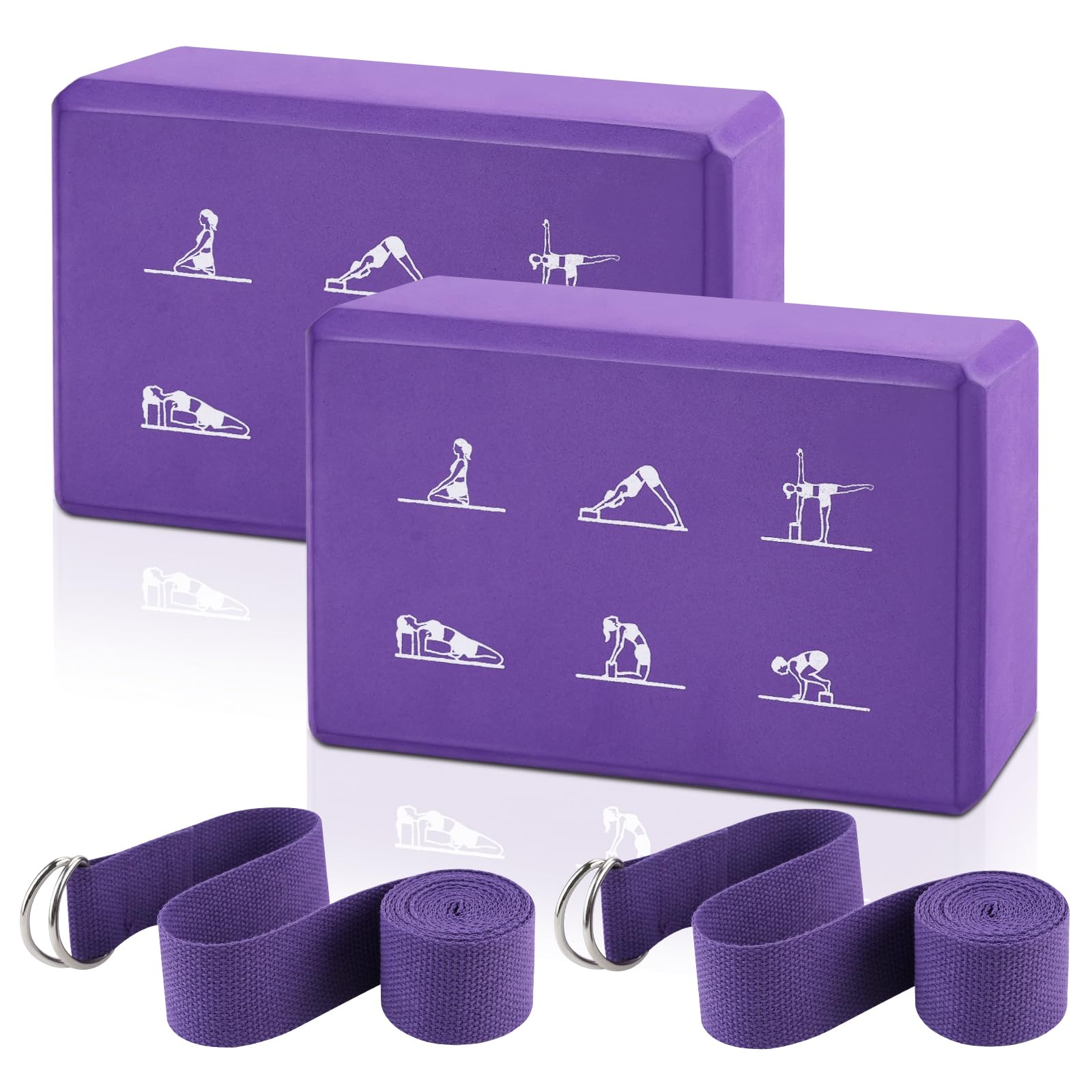2 Yoga Block and Yoga Strap Set, High Density EVA Foam Blocks, Non-slip Yogas Bricks with 6ft Strap, Supportive Latex-Free Yogas Blocks Kit to Improve Balance( Purple, 9×6×3")