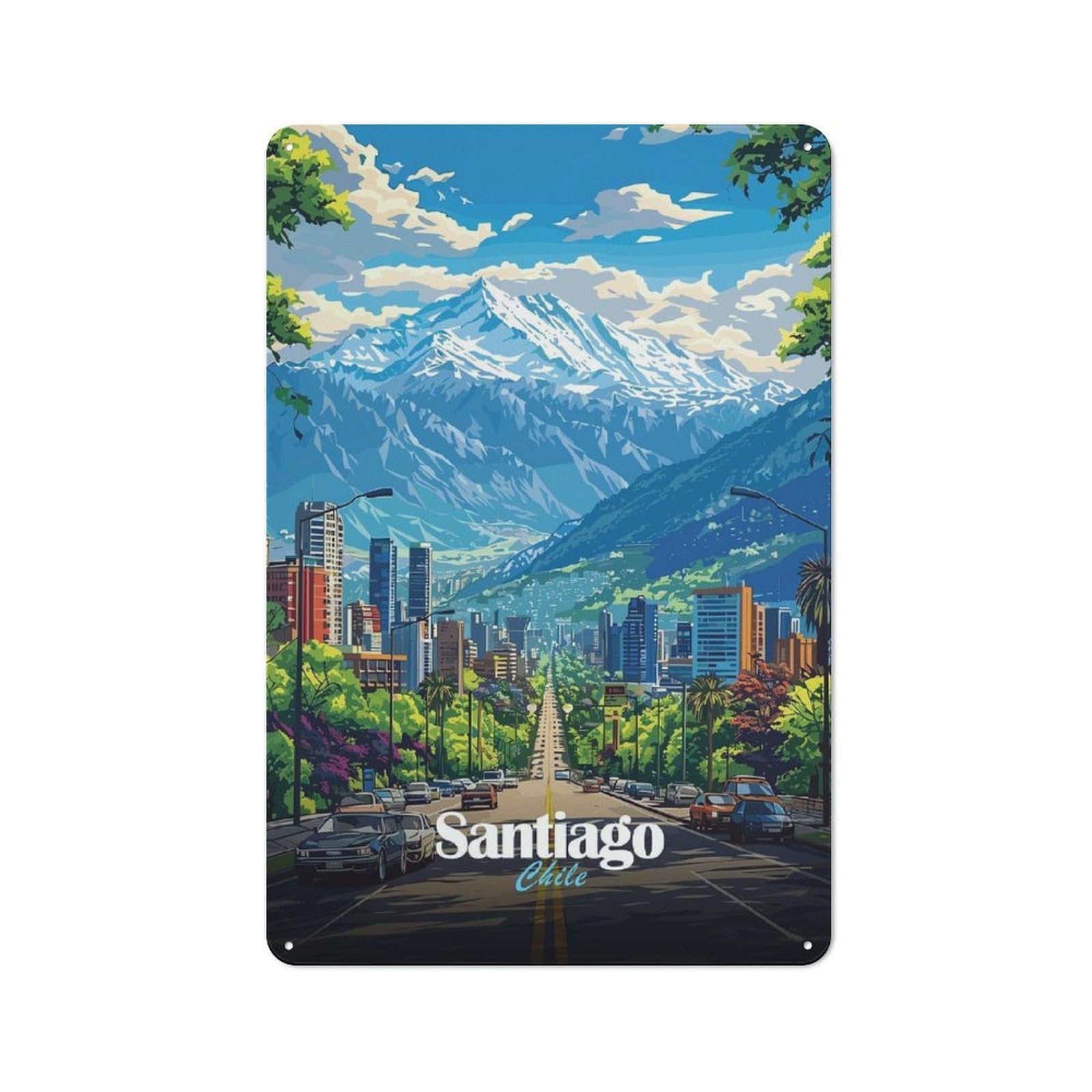Junmoney Style-3 For Kitchen Or Home Bar, Santiago, Chile Cityscape Rustic Metal Wall Sign 30X20cm, For Winter Room Styling In Kitchen And Home Bar