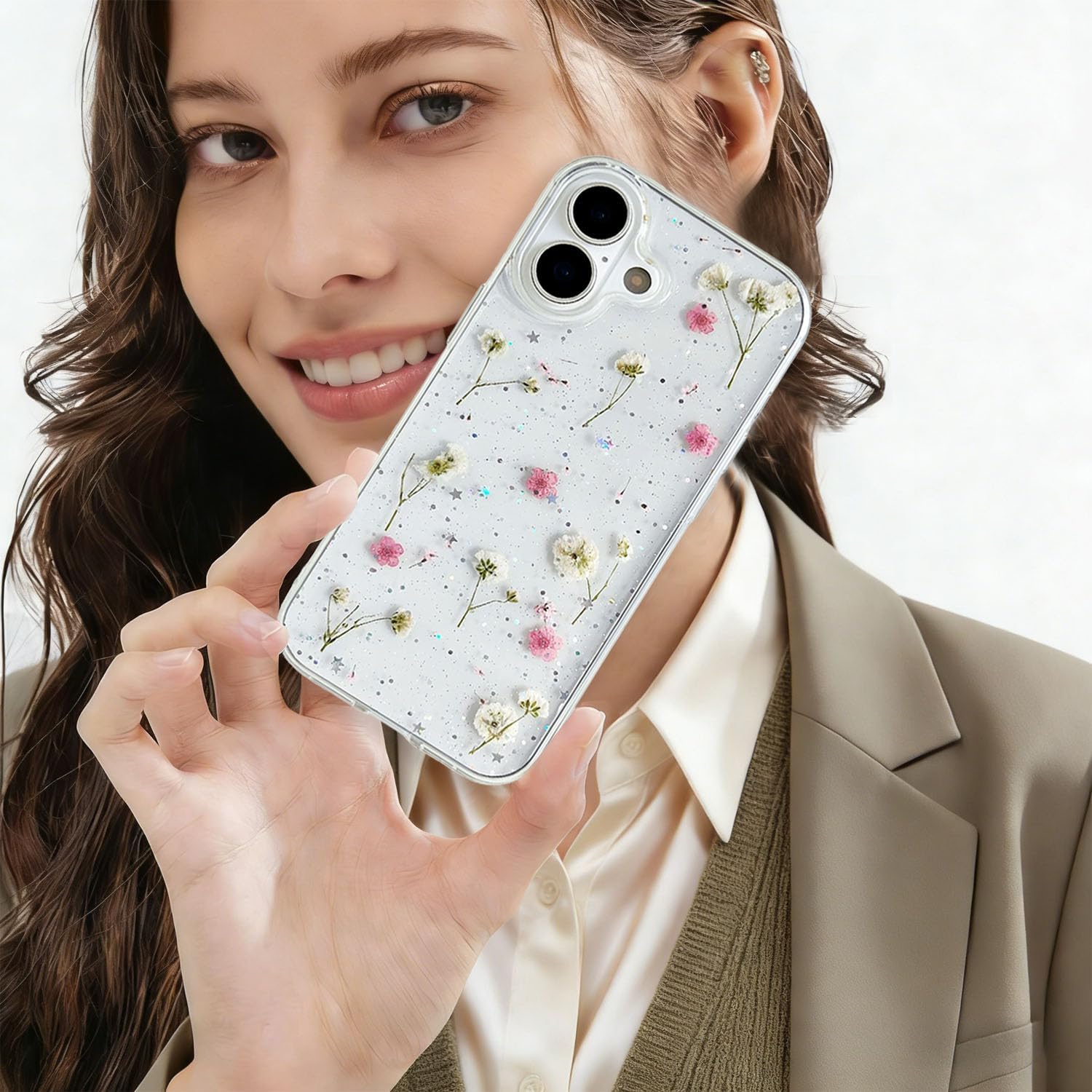for iPhone 16 Floral Case Glitter Clear with Real Pressed Bling Little Pink Flowers Design Cute Sparkle Slim Soft TPU Transparent Protective Women Girl's Girly Phone Cover Shell - Image 8