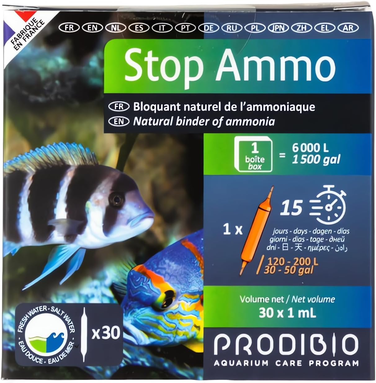 Prodibio Stop Ammo, Ammonia Neutralizer, Freshwater and Saltwater, 30/1 mL vials, 30 gal and up