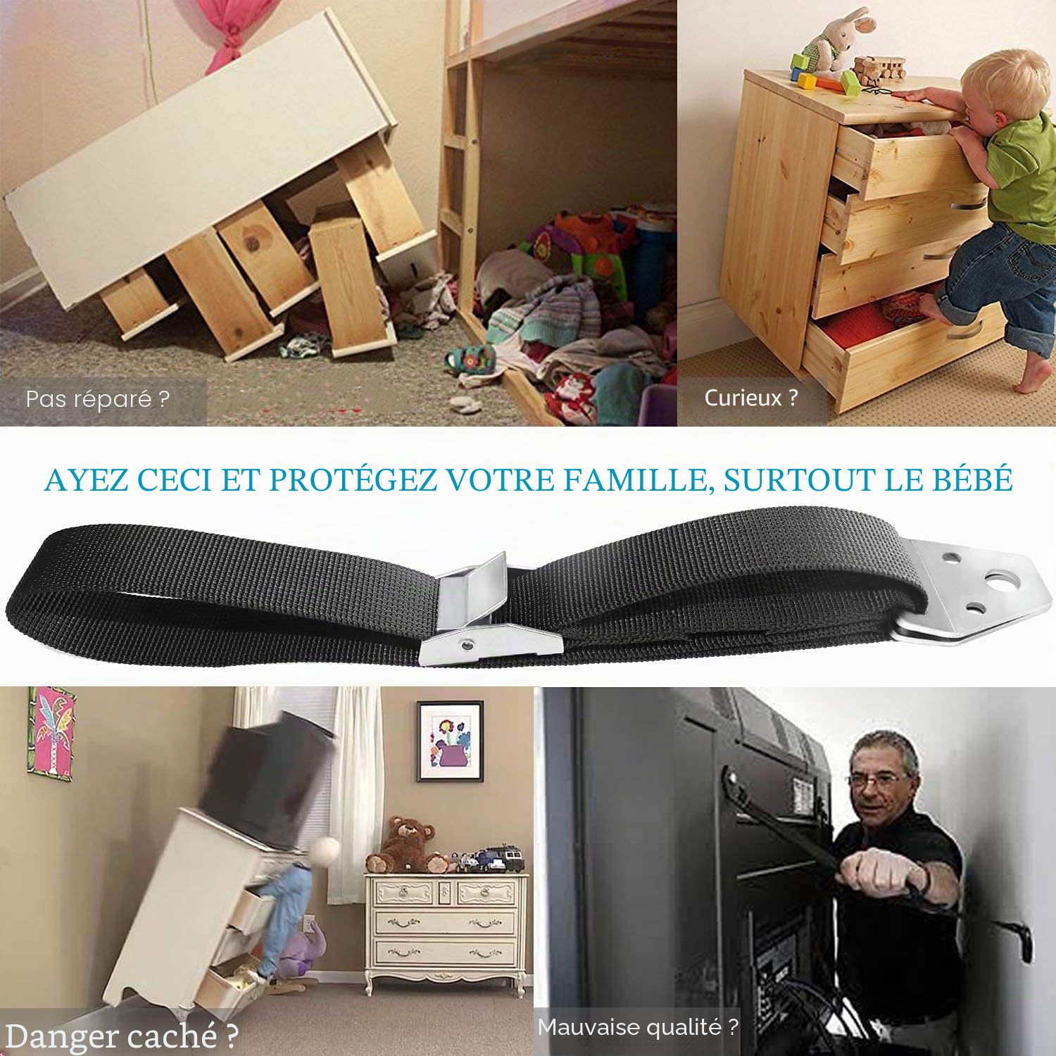 BOOTWO Lot de 2 Sangles Anti-basculement pour Meubles et TV Sécurité Bébés Enfants Réglables