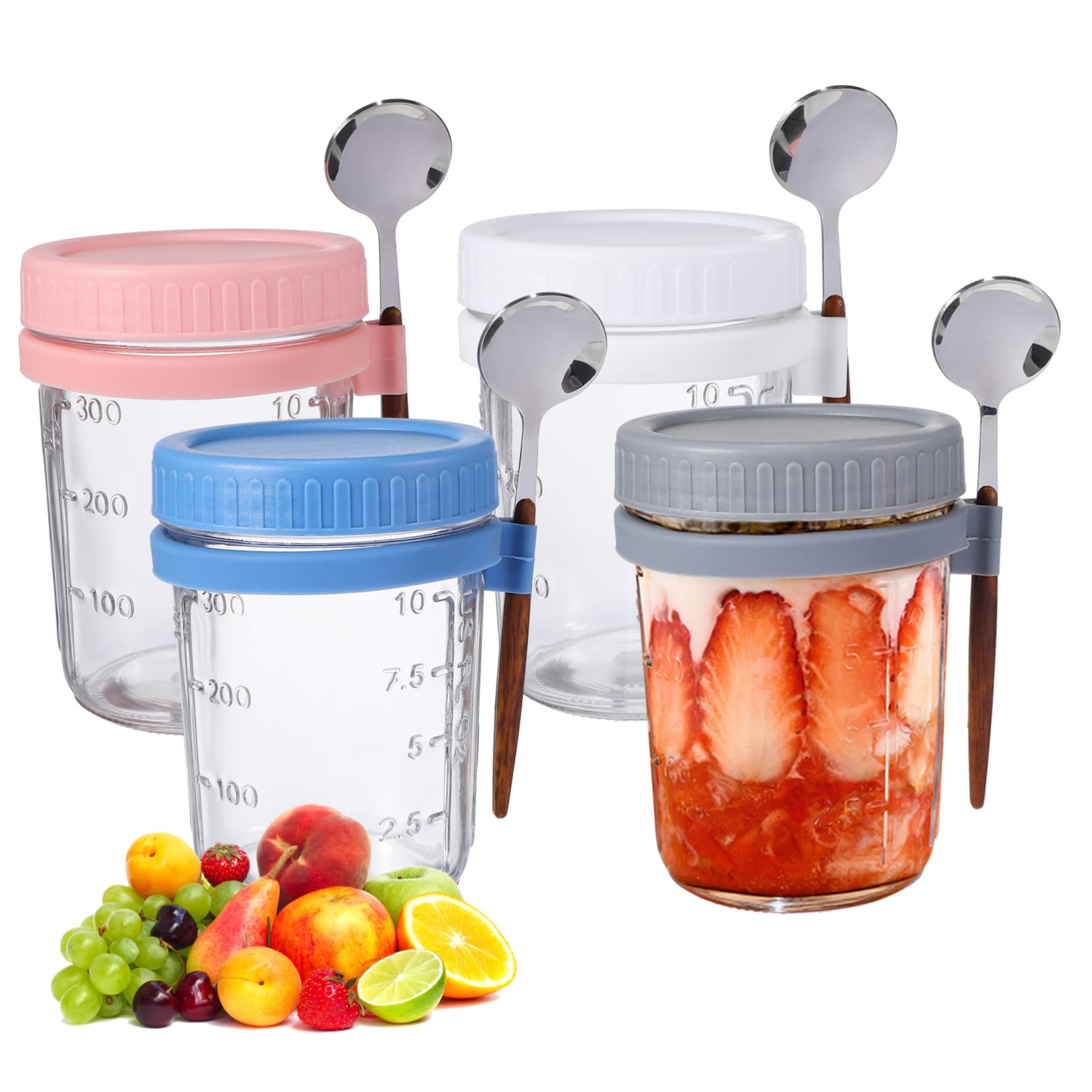 OUNONA 4 Stück Vorratsdose Glas mit Holzdeckel Overnight Oats Behälter 400ml Glas mit Löffel für Dorm und Büro