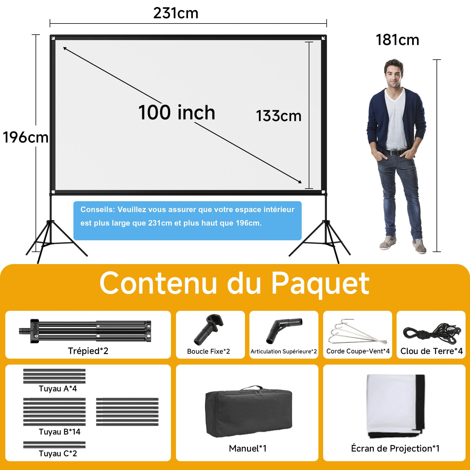 VISULAPEX Ecran Videoprojecteur sur Pied, Écran de Projection Portable 100 Pouces, 16:9, 4K HD Ecran Projecteur Pliable avec Sac de Transport pour L'intérieur, Home Cinéma, Cinéma de Jardin