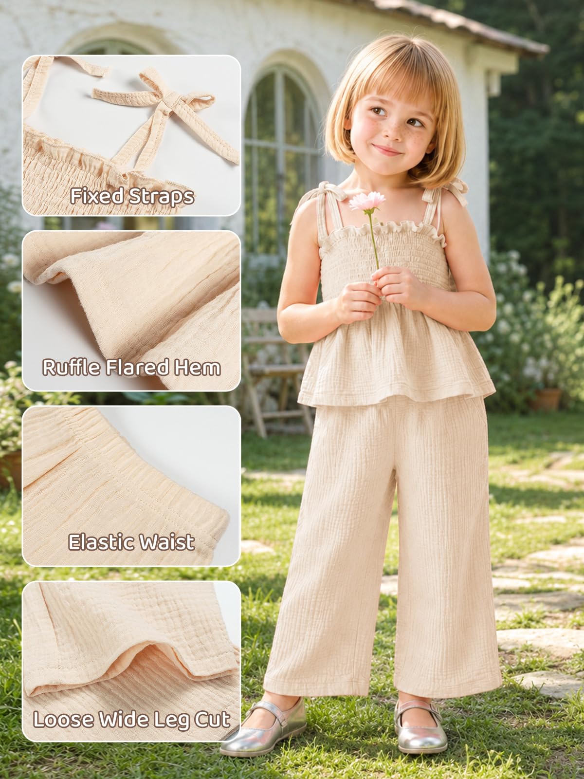 Miipat Baby Kleidung Set Mädchen Musselin Sommer Tops und Hosen Outfits | Ärmellos Musselin Suspender und Hosen Set Atmungsaktives 2tlg Babyset Sommer Einfarbig Baumwolle leinen Baby Outfit Mädchen