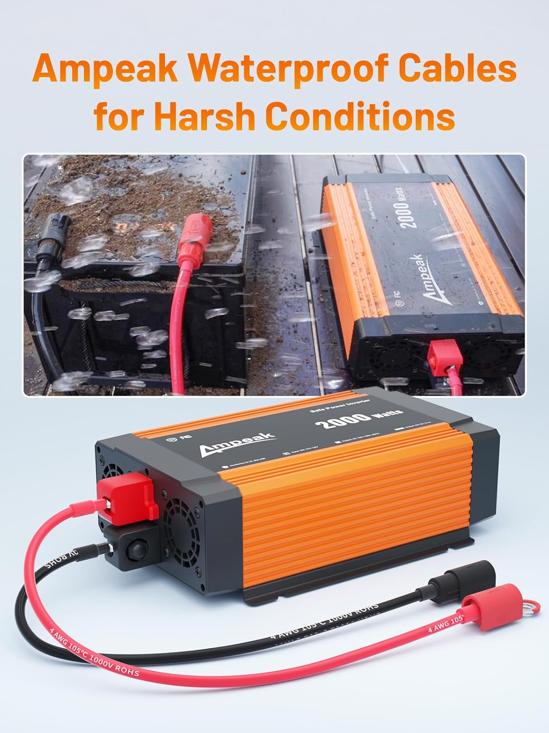 Ampeak 4 AWG Battery Cable 3FT Anti-Spark Battery Wire Waterproof Inverter Pure Copper Cable with Terminal 3/8 Inch Lugs for Truck RV Solar Inverter Marine Golfcart