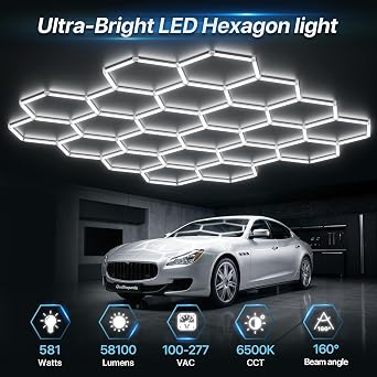 HYPERLITE Gen II Hexagon Garage Lights: 581W 58100LM 22 Grids Hexagon Led Light, 6500K Ultra Bright Honeycomb Hex Lights, Easy Install for Garage, Workshops, Shops, Gym