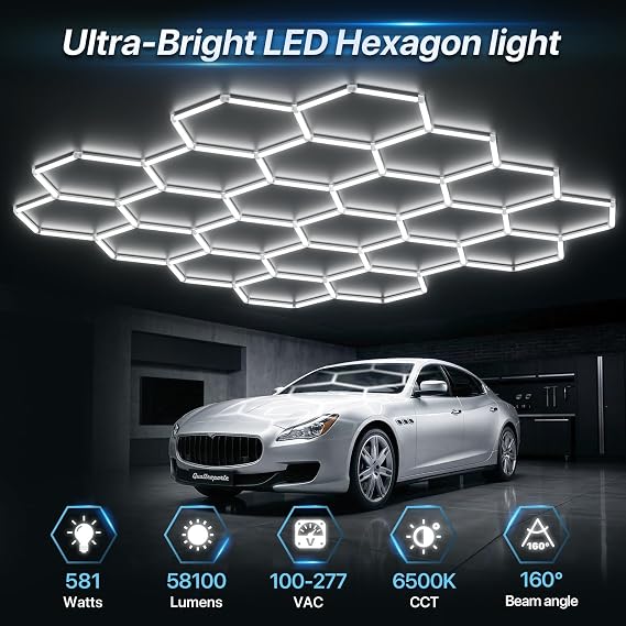 HYPERLITE Gen II Hexagon Garage Lights: 581W 58100LM 22 Grids Hexagon Led Light, 6500K Ultra Bright Honeycomb Hex Lights, Easy Install for Garage, Workshops, Shops, Gym
