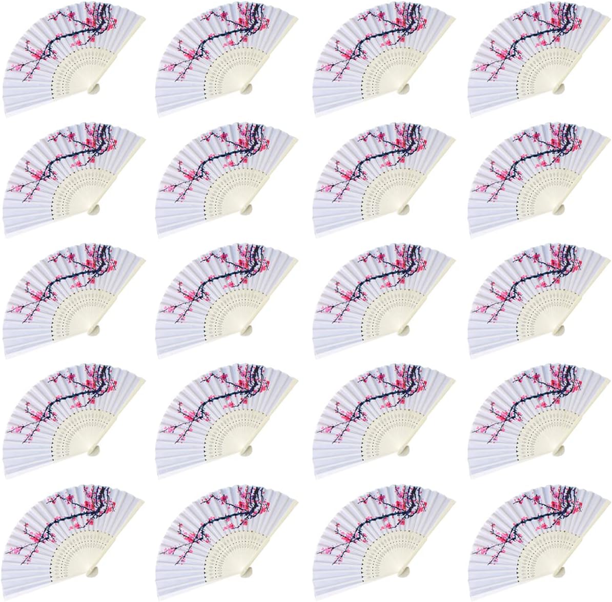 LYART 20PCS Delicate Cherry Blossom Design Silk Folding Hand Fan Wedding Favors Gifts,Fan Girls, Ladies, Church Wedding Gift, Party Favors, DIY Decoration Music Festival, Party, Parade