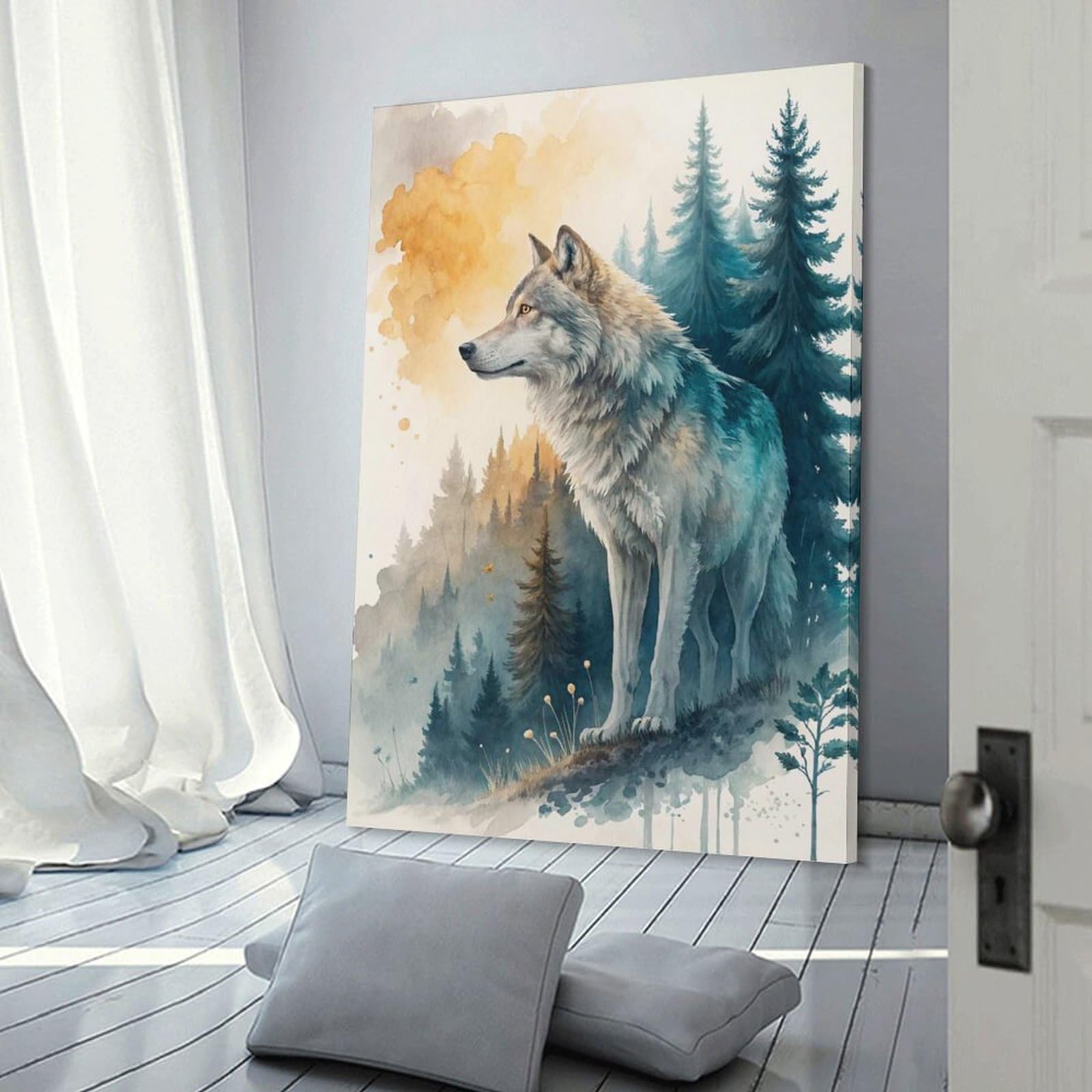 Junmoney Watercolor Wolf in Forest Landscape Decorative Canvas Print, 24x36inch(60x90cm), for Gallery Wall Decor And Room Displays, Wall Decor Suited to Curated Displays