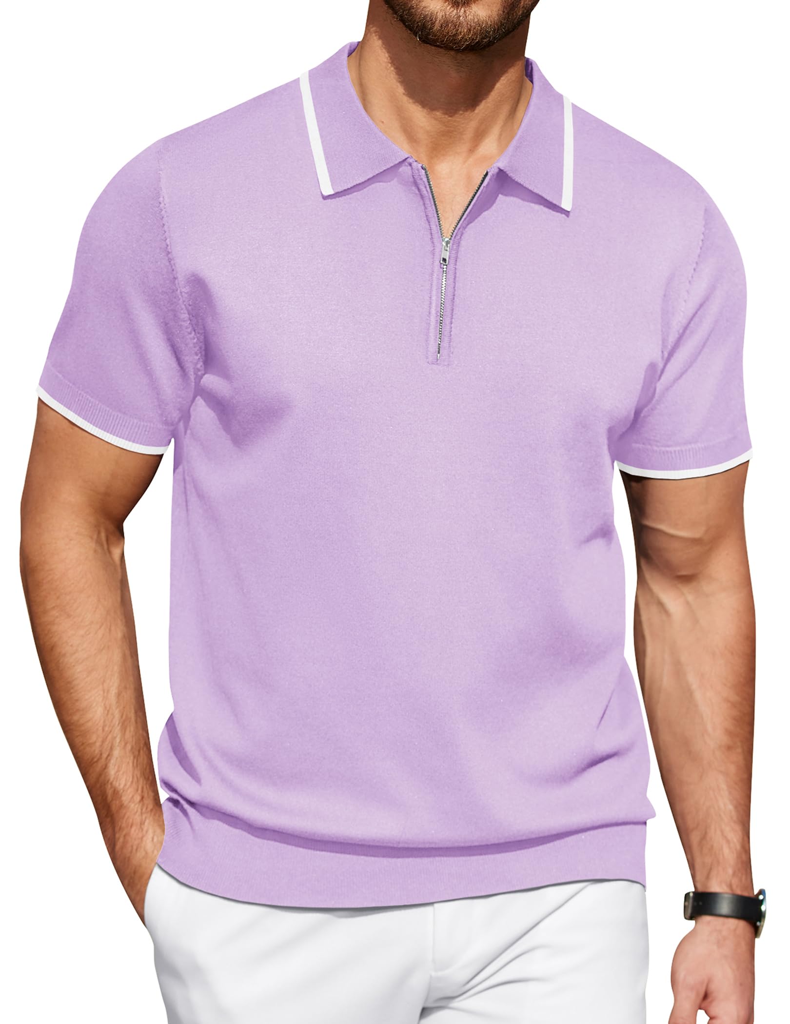 COOFANDY Men's Zipper Polo Shirt Casual Knit Short Sleeve Polo T Shirt Classic Fit Shirts