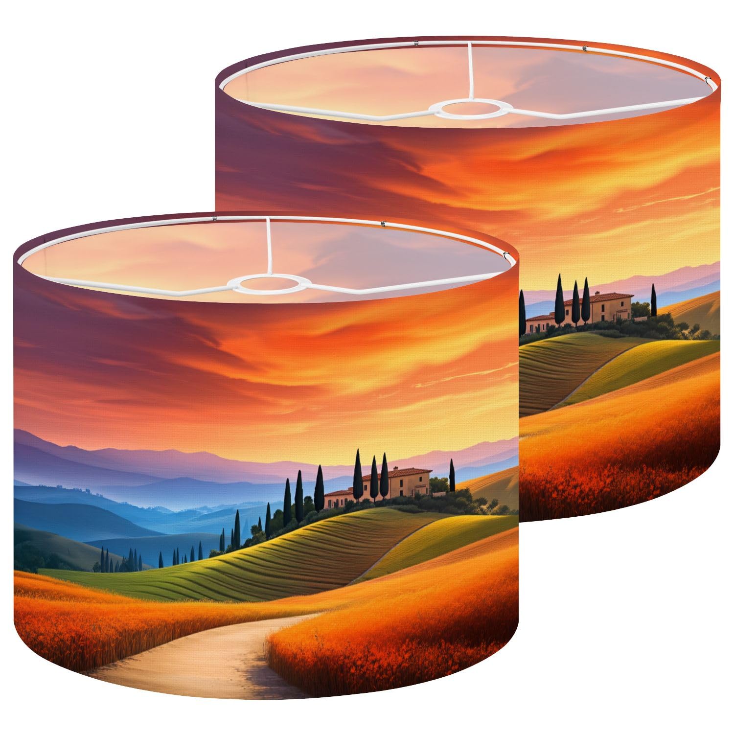 Lamp Shades Set of 2 Tuscan Countryside Sunset Rolling Hills Cypress Trees Drum Lampshades for Floor Lamps Table Lamps Large Replacement Linen Lamp Shade Easy Assembly 13"x13"x10"