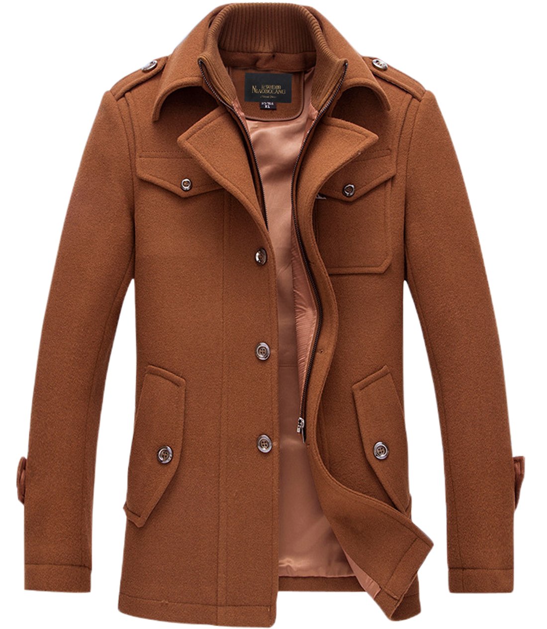 chouyatou Mens Stand Collar Wool-Blend Classic Pea Coat with Removable Inner Collar