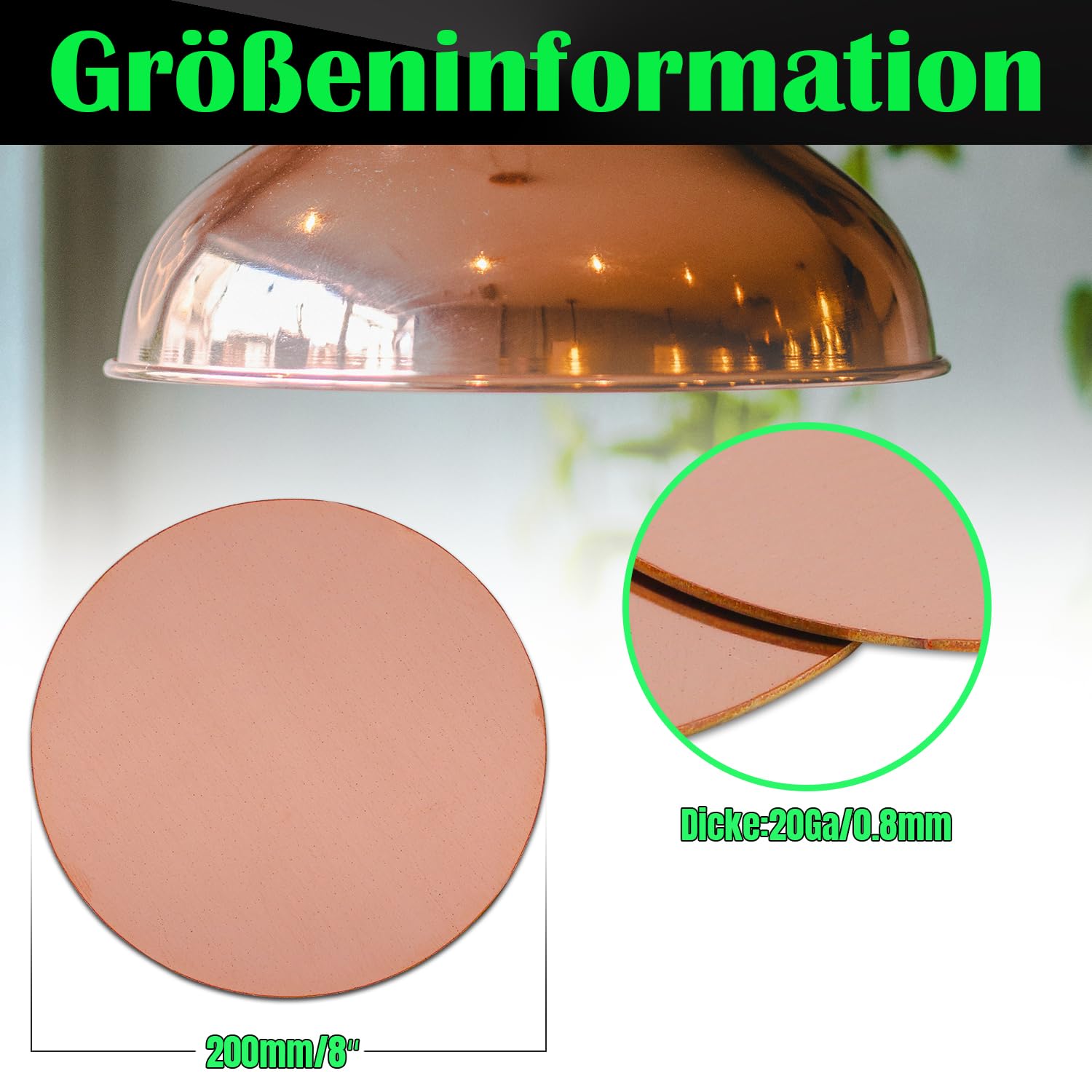Runde Kupferplatte, 200mm Durchmesser 0,8 mm Dicke Kupfermetallblech für Handwerk, DIY, Schmuck, Elektrik, Reparatur, Industrie (2 Pcs)