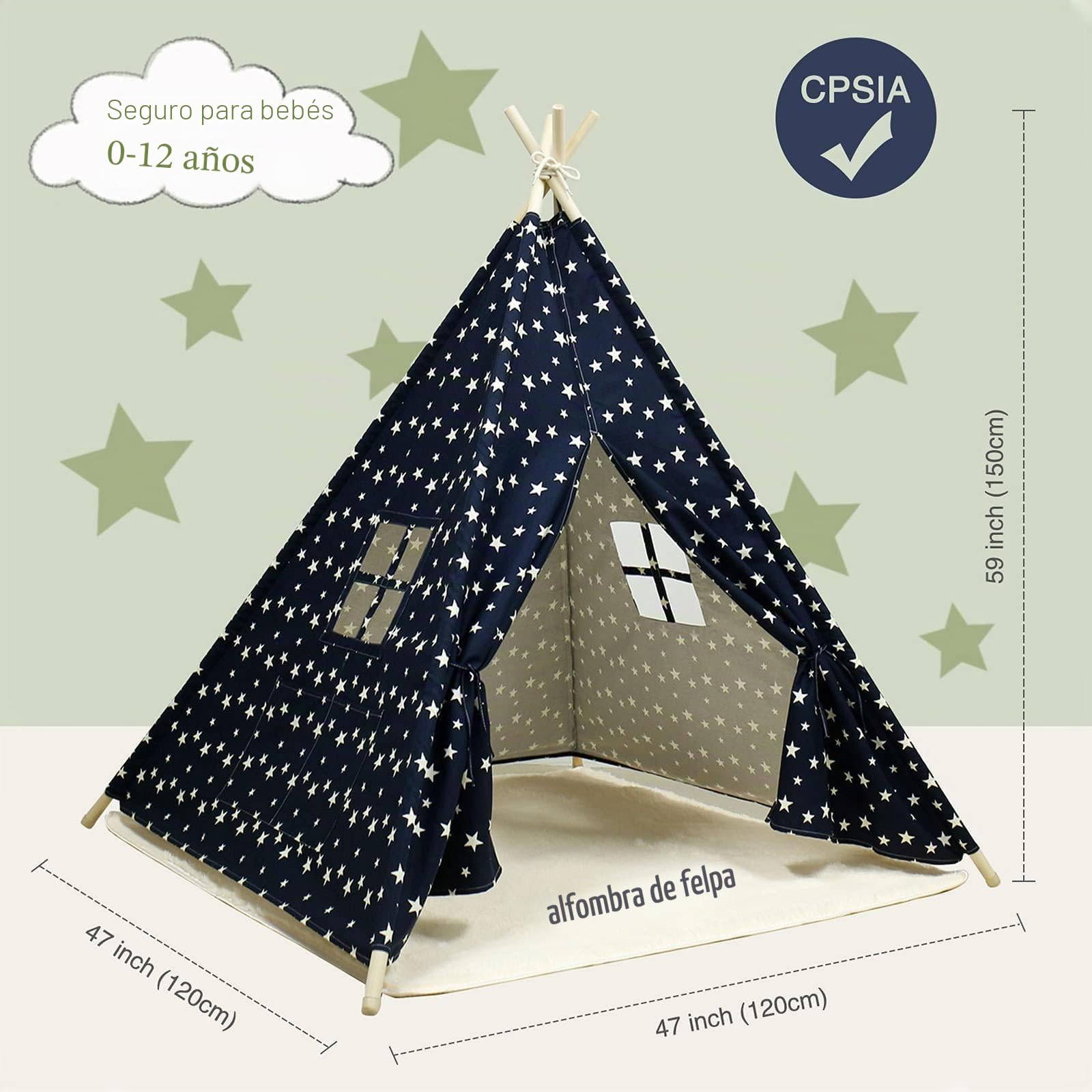 Tipi Infantil Tienda de Campaña Infantil con Tapete de Felpa Tienda de Juego para Niños, Carpa de Jardín, Rincón Acogedor para la Habitación de los Niños, Cumpleaños 120x120x150cm