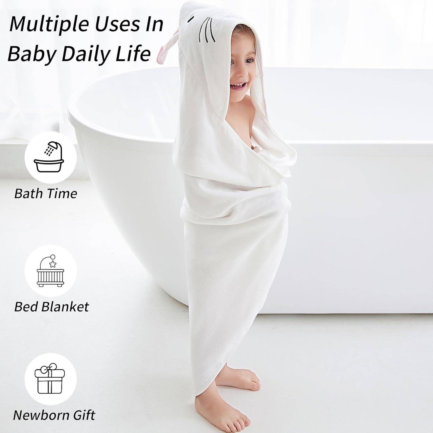 HAHASHOW Baby 3D Animal Hooded Bath Towel, 100% Cotton Ultra Soft Thick Bathrobe Shower Gift for Newborn Boy Girl Large Size 35 X 35 Inch White Rabbit