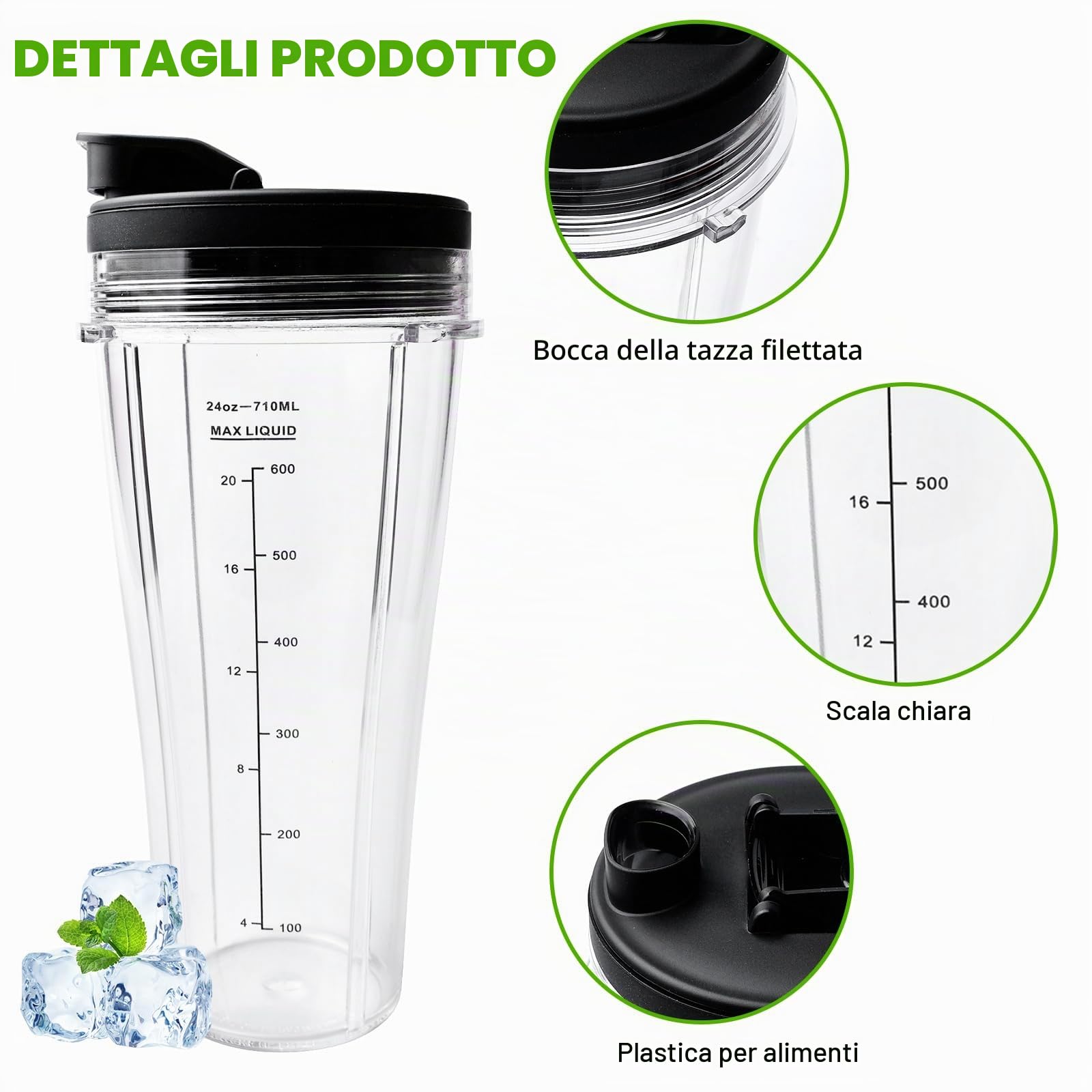 Set di 2 pezzi di ricambio per bicchieri, per Ninja, 710 ml, bicchieri di ricambio per mixer Ninja, tazza di ricambio con coperchi per mixer Ninja, SS100, SS101, SS300
