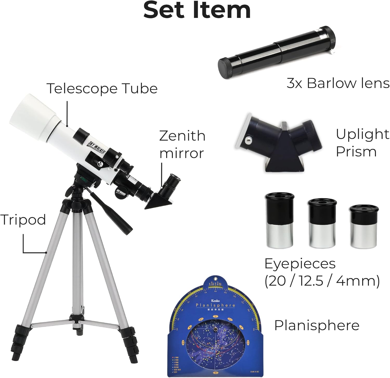 Kenko Telescope Sky Walker SW-0, Refracting Telescope, for Starry Sky and Ground observations, Light Weight, White, 111161