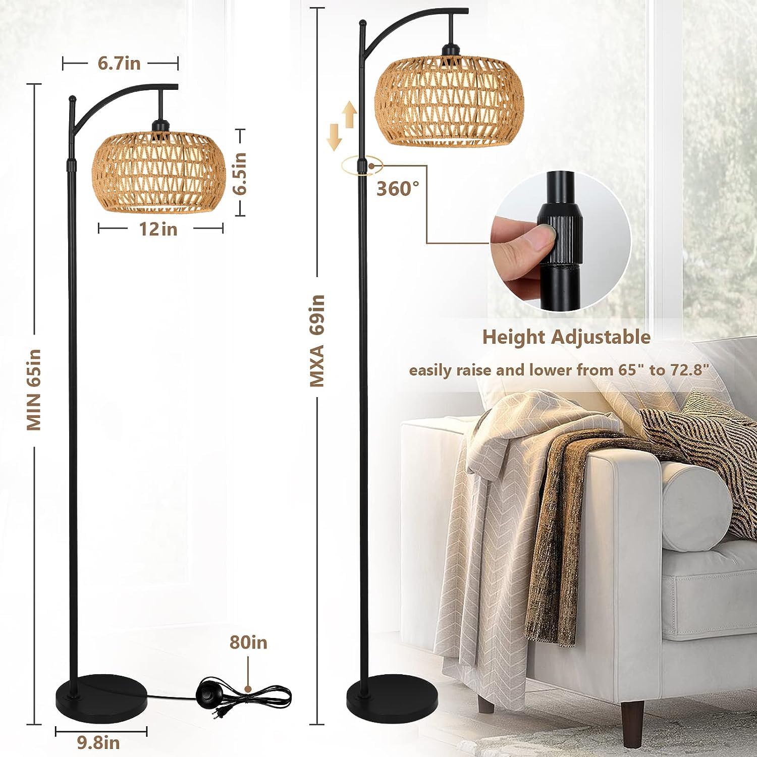 Arc Floor Lamps for Living Room Rattan Boho Floor Lamp with Remote Control,Dimmable LED Floor Lamps Wicker Lamp Shades Black Standing Lamp with 3 Color Temperature Tall Floor Lamp For Bedroom Corner