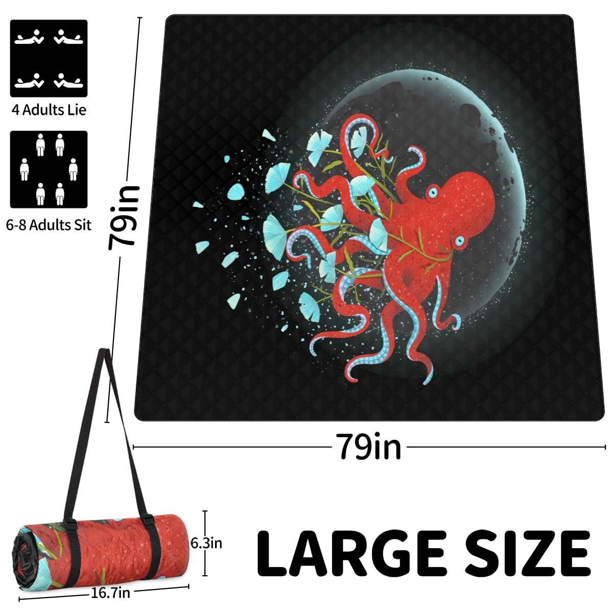 Shimoshe Extra Large Picnic Blankets 79”x 79”, Space Octopus Waterproof Foldable Picnic Mat with Straps Portable Beach Blanket for Camping Park Grass Beach Indoor