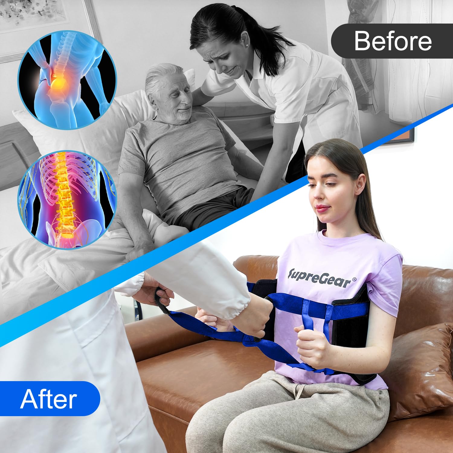 supregear Eslinga de transferencia acolchada de 90 cm con 6 asas, Ayuda para repositionar cuidadores en adultos mayores, giro en cama, soporte de pie y asistencia diaria, Negro