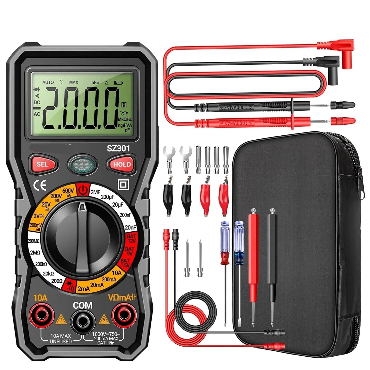 Digital Multimeter SZ301 600V AC DC Voltage Meter Capacitance 2000 Count DIY Electronics Tester Home Tools(SZ301 Black)